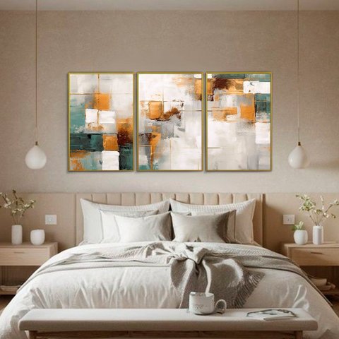 Quadro Decorativo Abstrato Dourado com Verde Kit 3 Quadros