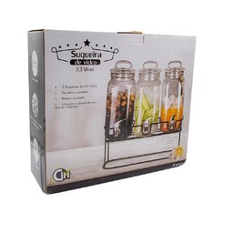 KIT SUQUEIRA TRIPLA COM SUPORTE 3 DISPENSER EM VIDRO BEBIDAS TAMPA HERMETICA SUCO AGUA CRISTAL - 3