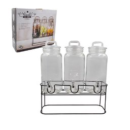 KIT SUQUEIRA TRIPLA COM SUPORTE 3 DISPENSER EM VIDRO BEBIDAS TAMPA HERMETICA SUCO AGUA CRISTAL - 2