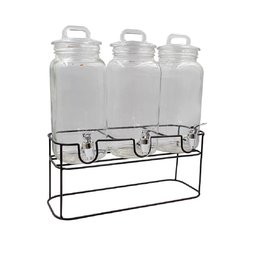 KIT SUQUEIRA TRIPLA COM SUPORTE 3 DISPENSER EM VIDRO BEBIDAS TAMPA HERMETICA SUCO AGUA CRISTAL - 1