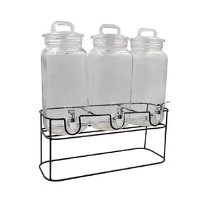KIT SUQUEIRA TRIPLA COM SUPORTE 3 DISPENSER EM VIDRO BEBIDAS TAMPA HERMETICA SUCO AGUA CRISTAL