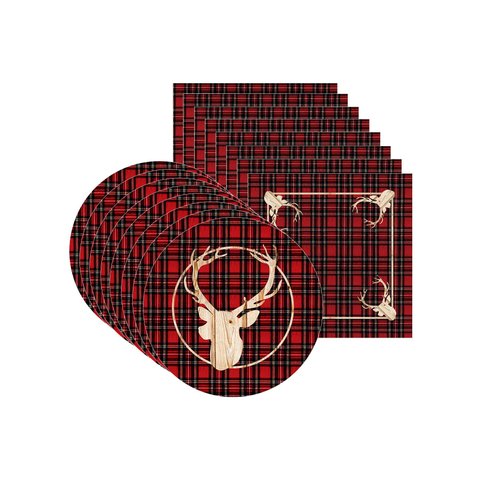 Kit Sousplat + Guardanapo Natal Cervo Xadrez - 8 Peças - com Base