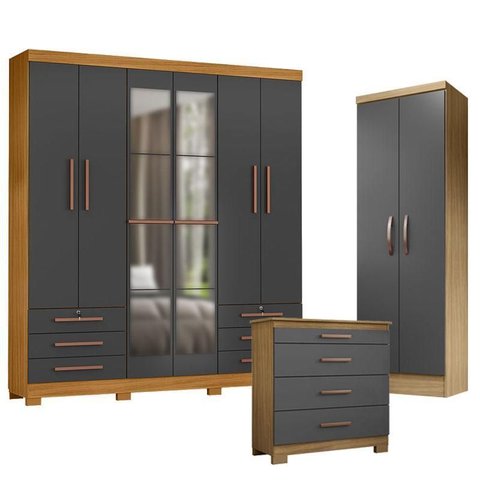 Guarda Roupa Casal Londres com Espelho com Cômoda 4 Gavetas New e Armário Multiuso New Egito