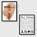 Ver imagem 1 de Kit 2 Quadros Jesus Cruxificado Pai Nosso 24x18cm - com vidro:Madeira preta