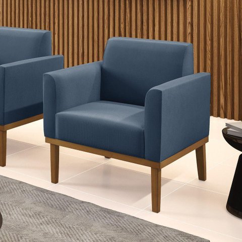 Poltrona Decorativa Pés Fixo em Madeira Castanho Suede Azul Marinho