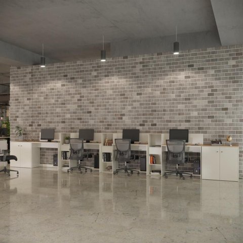 Conjunto de Escritório Noruega 3 Livreiro 2 Buffet e 4 Mesas 90cm - Via Nossa - Off White e Cedro