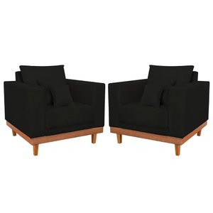 Kit 02 Poltrona Living Suede Base Madeira Sala Recepção Cor:preto
