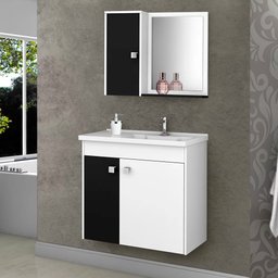 Kit Banheiro Gabinete 56cm Pia e Armário Com Espelho Munique Branco/Preto - Bechara - 2
