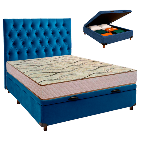 Cama Box Bau + Colchão Casal D33 Maxsono Paropas + Cabeceira Estofada
