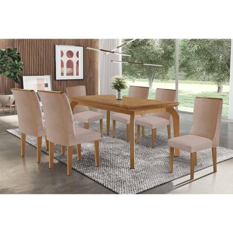 Conjunto: Mesa de Cozinha Londrina c/ Tampo Madeirado Canto Curvo 180x90cm e 6 Cadeiras Dakota