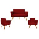 Ver imagem 1 de Kit Namoradeira + 2 Poltronas Decorativa Nina Suede Vermelho Pés Madeira Ms Decor