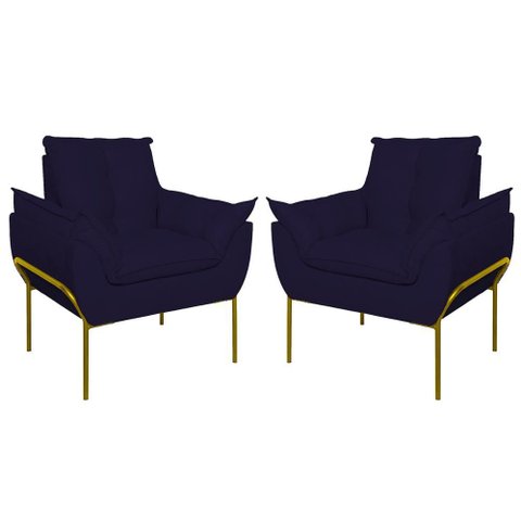 Kit 02 Poltronas Base Metal Dourada Sala Quarto Balaqui Decor Cor:azul Marinho