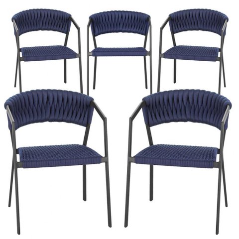 5 Cadeiras Atenas Tricô Náutico e Alumínio Proteção Uv Preta Azul