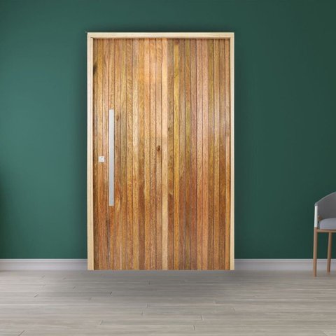 Porta Pivotante Ripada Cedro Batente 14 Puxador Barra Chata 120 x 210 Abertura Direita Marrom Rodam