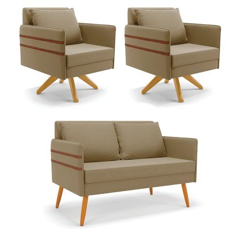 Kit 01 Namoradeira 02 Lugares e 02 Poltronas Mari Suede Base de Madeira MA30 - D’Rossi Marrom