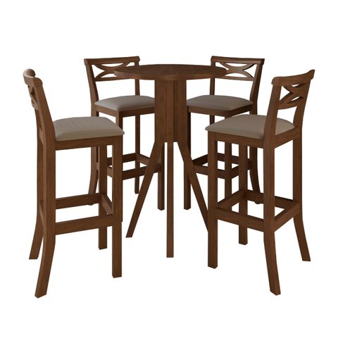 Kit Bar Bistrô Mesa Retrô 4 Banquetas Alta X Madri Madeira Maciça Pinhão Suede Bege - Ccs