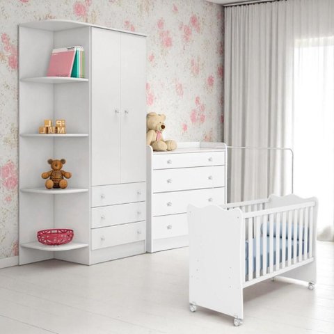 Conjunto Infantil Aurora Branco: Berço Aurora + Kit Rodízios + Cômoda Aurora + Guarda-roupa