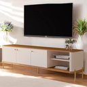 Ver imagem 3 de Rack para Sala Tv até 70 Polegadas Moderno 3 Portas - Off White Nature Dourado