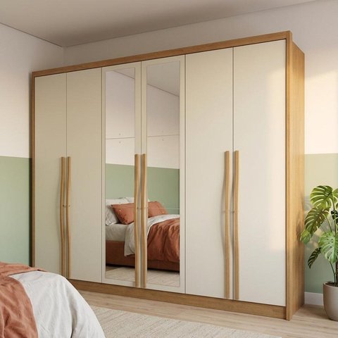 Guarda Roupa Casal 100% MDF 6 Portas 6 Gavetas com Espelho e Cabideiro 276,2x236,4x56,5cm