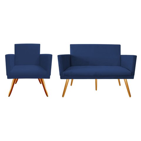 Kit Namoradeira + 1 Poltrona Decorativa Nina Suede Azul Marinho Pés Madeira Ms Decor