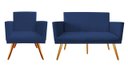 Ver imagem 1 de Kit Namoradeira + 1 Poltrona Decorativa Nina Suede Azul Marinho Pés Madeira Ms Decor