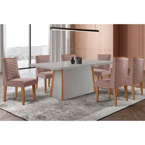 Conjunto Sala de Jantar Tilia C/ Tampo Madeirado C/ Vidro Canto Curvo 180x90cm e 6 Cadeiras Dafne