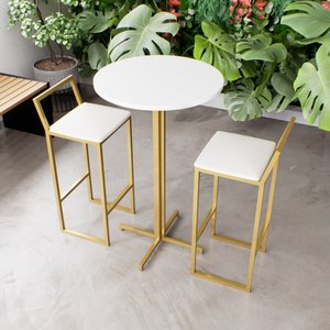 Jogo Mesa Alta Bistrô Redonda Branca 2 Banquetas Estofado Confort Industrial Dourado Don Castro Deco