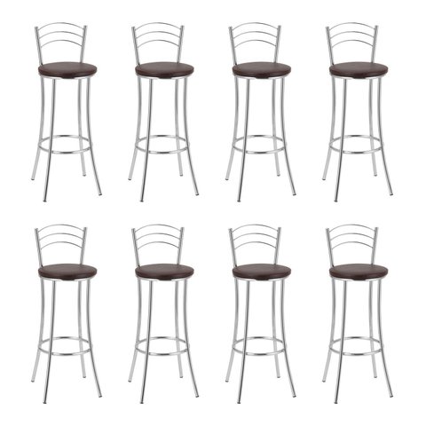 Kit 8 Banquetas Altas Cromadas com Assento Estofado e Encosto para Bancada Cozinha Cromado/Marrom