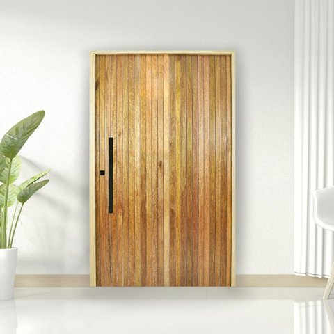 Porta Pivotante Ripada Cedro Batente 14 Puxador Tubo 120 x 210 Abertura Esquerda Marrom Rodam