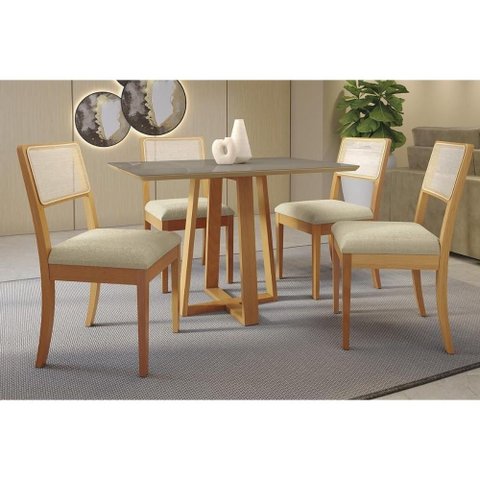 Mesa Cozinha Elma Premium Madeira Maciça C/ Tampo Madeirado C/ Vidro 120x80cm e 4 Cadeiras Lola