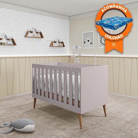 Berço Mini Cama Móveis Estrela Ternura - Rosa Wood + Colchão Baby Physical Ortobom