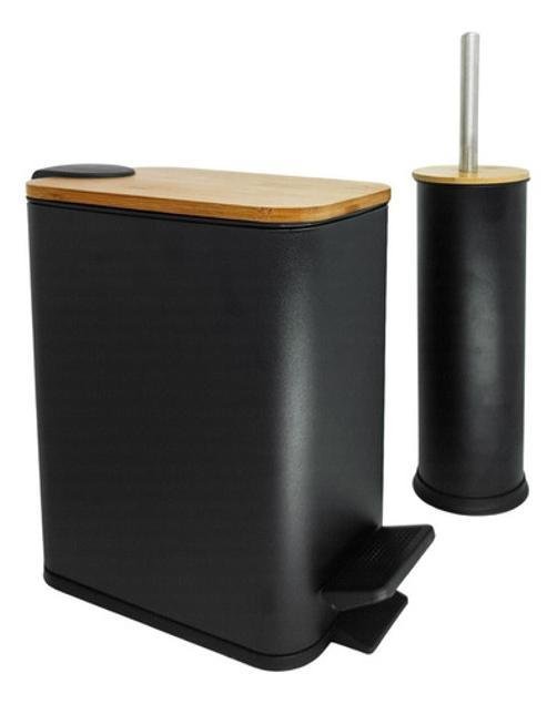 Kit Escova Sanitária + Lixeira 5 Litros Bambu - Preto - 1