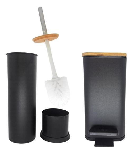 Kit Escova Sanitária + Lixeira 5 Litros Bambu - Preto - 2