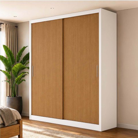 Guarda-Roupa 100% MDF 2 Portas de Correr 2 Gavetas 131x213x55cm Branco/Cinamomo