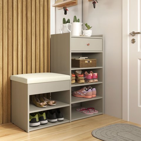 Sapateira para Hall de Entrada com Banco Off White Hall Pratrimar