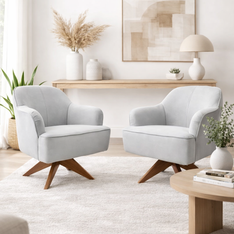 Kit 2 Poltronas Decorativas com Base Giratória em Madeira Veludo Cinza Sol Larbelle