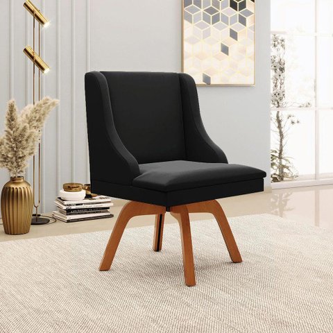 Cadeira Decorativa Sala de Jantar Base Giratória de Madeira Firenze Veludo Preto/natural G19