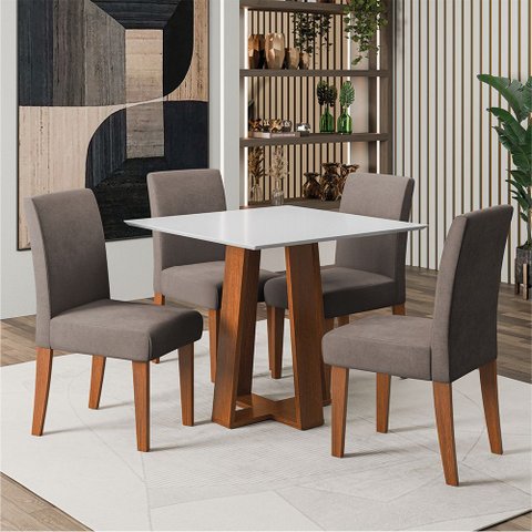 Conjunto Sala de Jantar Mesa Athenas Quadrada 0,90m 4 Cadeiras Trieste Madeirado/mascavo Dobuê