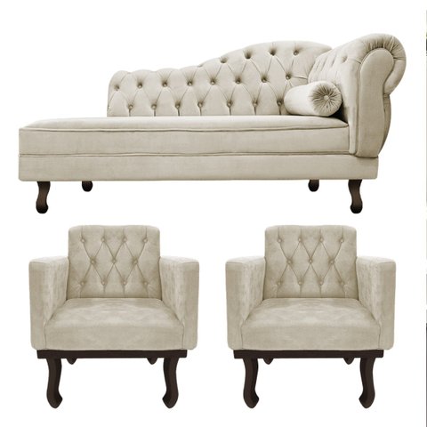 Kit Diva Recamier Diana 140cm Lado Esquerdo e 02 Poltronas Classic Linho Bege - ADJ Decor