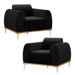 Kit 2 Poltronas Decorativas Sala de Estar Base de Madeira Euro Veludo Preto - 1 Kit 2 Poltronas Decorativas Sala de Estar Base de Madeira Euro Veludo Preto - 1