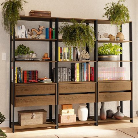 Estante Armário Multiuso para Livros 6 Gavetas 12 Prateleiras 210cm Rustic/preto Madesa Xa Rustic/