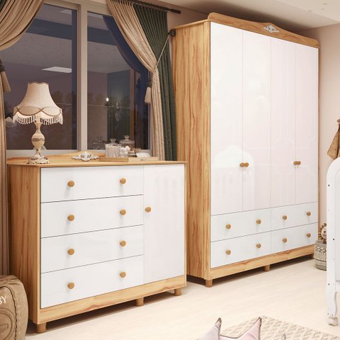 Quarto Infantil com Guarda-Roupas 4 Portas e Cômoda 1 Porta 100% MDF Maya Clássico Espresso Móveis B
