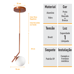 Lustre Pendente On Ly - Bronze com Globo de Vidro Branco - 5
