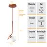 Lustre Pendente On Ly - Bronze com Globo de Vidro Branco - 5