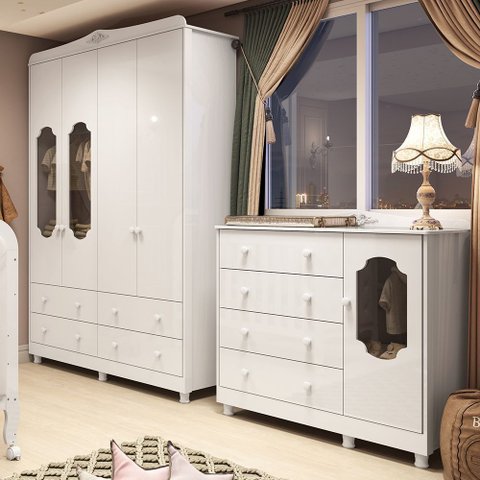 Quarto Infantil com Guarda-Roupas e Cômoda com Janelas 100% MDF Maya Provençal Yescasa Branco/Brilho
