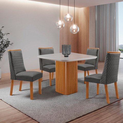 Mesa de Jantar Eloise 90 cm Tampo MDF Vidro Canto Copo com 4 Cadeiras Carolina