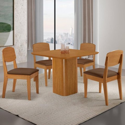 Conjunto Mesa de Jantar 90cm com 4 Cadeiras 100% MDF Multimóveis Crrft-CON053 Madeirado/Marrom