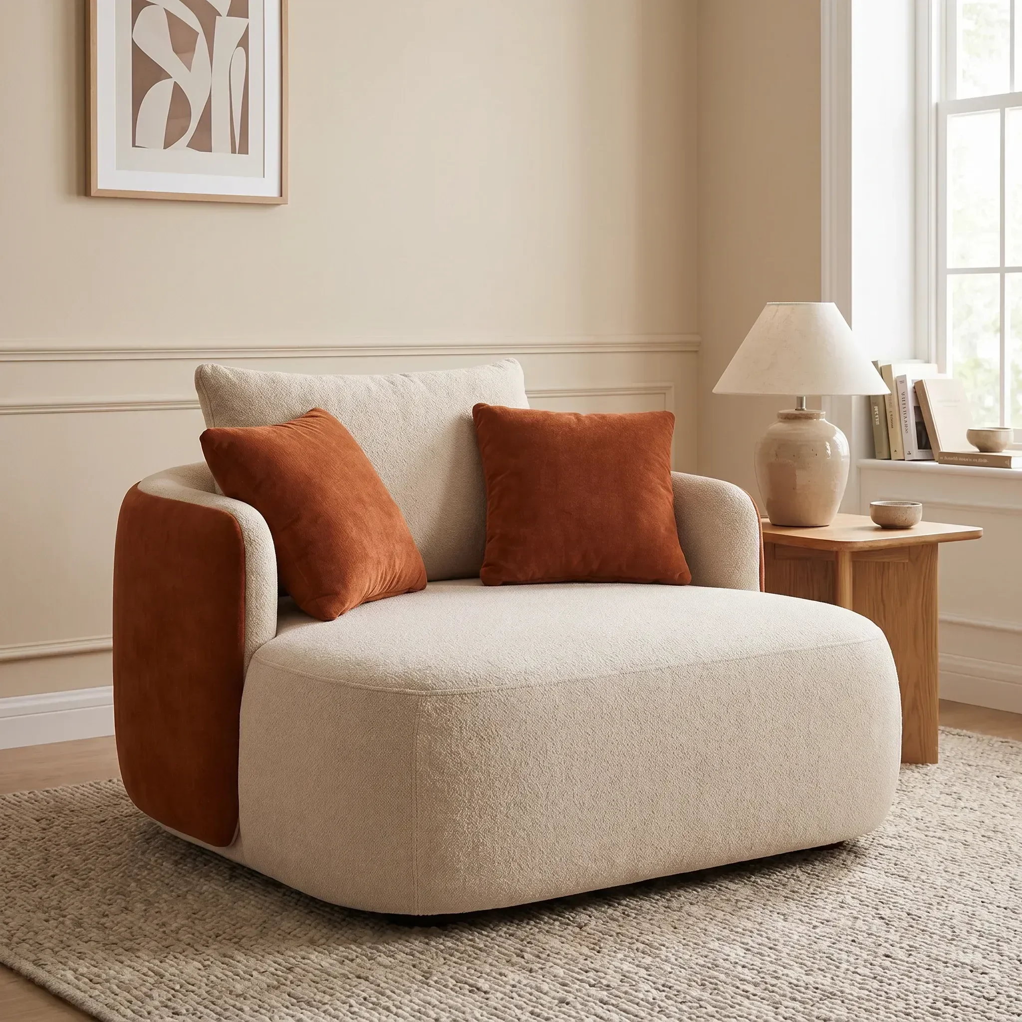 Poltrona Decorativa com Almofadas New Íris 120cm em Bouclé Bege e Terracota