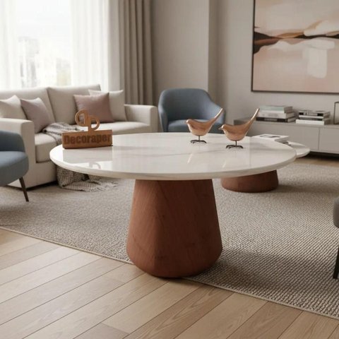 Mesa de Centro com Vidro 70cm e Base Cone Envernizada Redondo MDF Madeira 70cm Branco