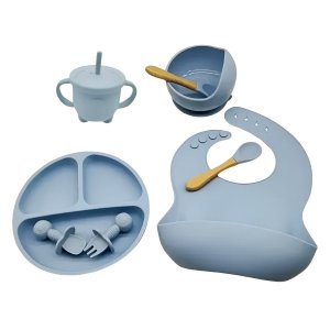 Kit Prato Infantil Silicone Copo Talher Babador Tigela Azul